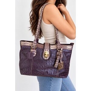MC Purple Crocodile Embossed Leather Tote Bag Braided Straps Gold Hardware